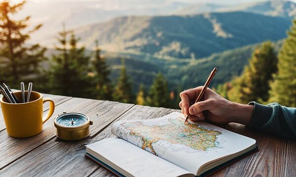 A person marking a map with a compass nearby, set in a scenic landscape.