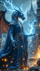 Fantasy, dragon in lightning, fantasy city in the background,