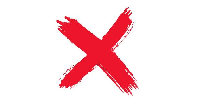 Abstract red cross painted by wide brush strokes on white background. Animation. red X letter, crossed lines, denial concept.
