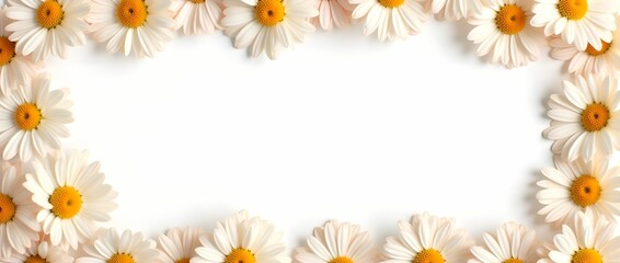 Fototapeta premium Banner of daisy petals and flowers on white background 