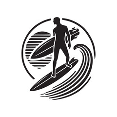 Surfing Silhouette Vector Illustration, Solid White Background.