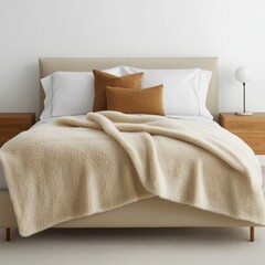 Cozy bedroom setup featuring a neatly made bed with soft blankets and decorative pillows.