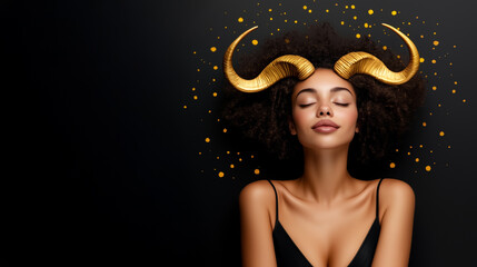 black woman with golden horns posing as aries zodiac star sign