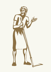 Vector drawing. A man with an old scythe