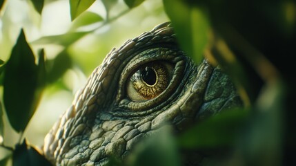 Fototapeta premium The eye of a iguana, looking through greenery