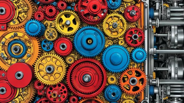 Video footage of colorful array of interlocking gears in red, blue, and yellow, showcasing mechanical complexity and precision engineering