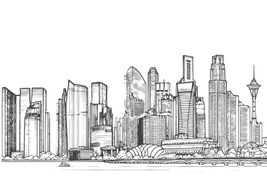 single Line drawing of Modern cityscape of Singapore city isolated on white background