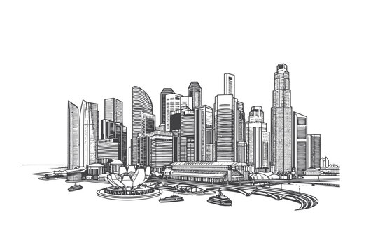 single Line drawing of Modern cityscape of Singapore city isolated on white background