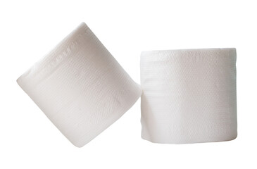 Two rolls of white tissue paper or toilet paper in stack isolated with clipping path in png file format