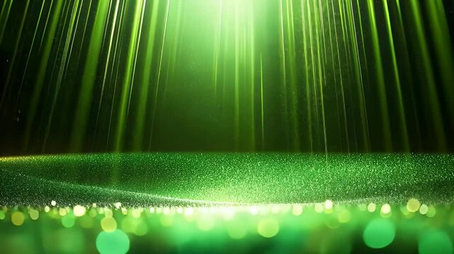 Abstract green light rays and bokeh effects create a vibrant and dynamic atmosphere.