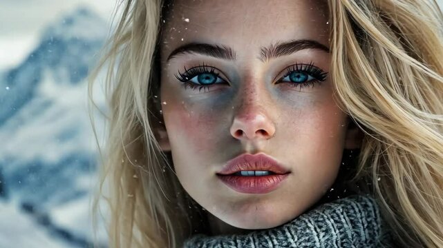 close up face portrait of young pretty freckle woman at outdoor nature snow fall with mountain landscape 