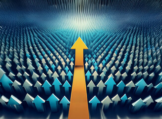 Fototapeta premium A single, bright gold arrow ascends, surrounded by numerous smaller, blue arrows, suggesting leadership, progress, and standing out from the crowd.
