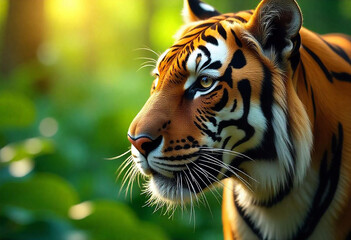Obraz premium Tiger muzzle macro shot. Detailed close up shot of striped wildcat face texture. Wildlife in jungle. Banner for veterinary help. Pet care, animals concept background, poster, print, design card, flyer