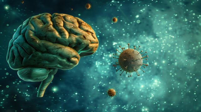 Human brain model surrounded by coronavirus particles highlighting neuroscience advancements - Powered by Adobe