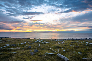 Sunrise with clouds on the coast of the Langanes peninsula in Iceland