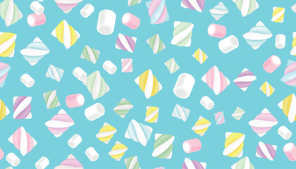 Seamless background with sweet marshmallows in cartoon style.Vector illustration of twisted marshmallows of pastel shades: yellow, white, pink, green isolated on blue background.Chewing marshmallows.