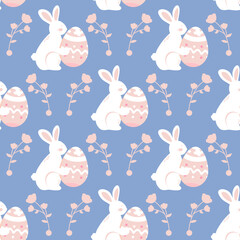 A seamless pattern featuring a white rabbit holding a pastel pink egg, surrounded by flowers, set against a blue background. Ideal for gift wrap and fabric designs with a charming Easter theme.