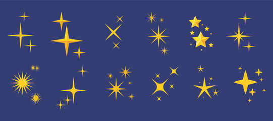 Set of shining yellow stars in cartoon style. Vector illustration of beautiful golden stars of different sizes and shapes isolated on dark blue background. Glitter. Radiance. Sparkle. Starry sky.