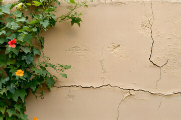 natural adobe wall with faint cracks, adorned by green vines and vibrant flowers, creates serene and rustic atmosphere. texture and colors evoke sense of tranquility