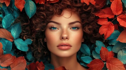 Woman with Red Hair and Blue Eyes Surrounded by Leaves
