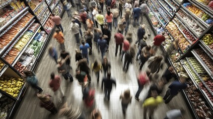 Blurred Crowds in Grocery Store During Panic Buying Event