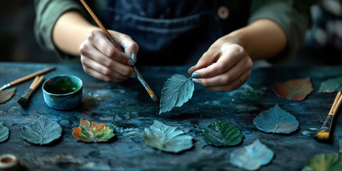 Obraz premium An artist delicately paints vibrant leaves, showcasing creativity and nature's beauty.