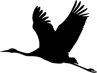 Flying Crane bird black silhouette vector illustration on white background