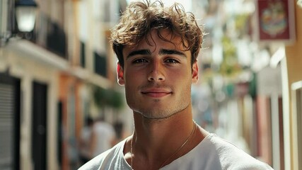 portrait of a muscular young man at urban city street 