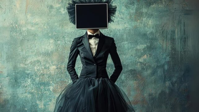 A Fashionably Eccentric Figure with a Monitor Head in Tulle Dress and Bowtie