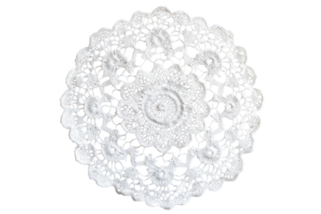 Delicate white crochet doily showcasing intricate floral patterns and textures