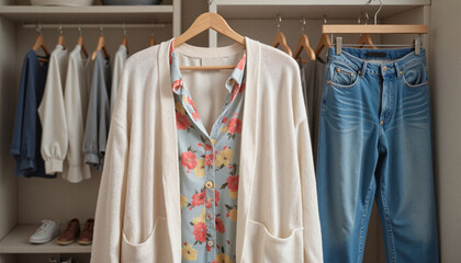 Stylish layered outfit hanging in modern boutique, fashion inspiration