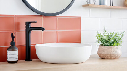 Modern minimalist faucet in small bathroom with red accent