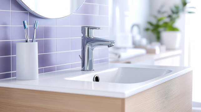 Modern minimalist faucet in small bathroom with purple accent