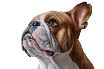 Detailed portrait of a French Bulldog featuring expressive eyes and unique fur patterns in a neutral background