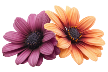 Colorful purple and orange daisies showcasing vibrant petals and textured centers in a floral arrangement