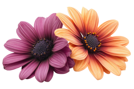 Colorful purple and orange daisies showcasing vibrant petals and textured centers in a floral arrangement