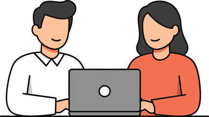 Obraz premium Vector icon of a man and woman sitting at a table with a laptop in an office with a transparent background.