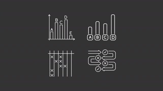 Survey processing animation library. Statistical analysis animated white line icons. Data management, feedback. Isolated illustrations on dark background. Transition alpha. HD video. Icon pack