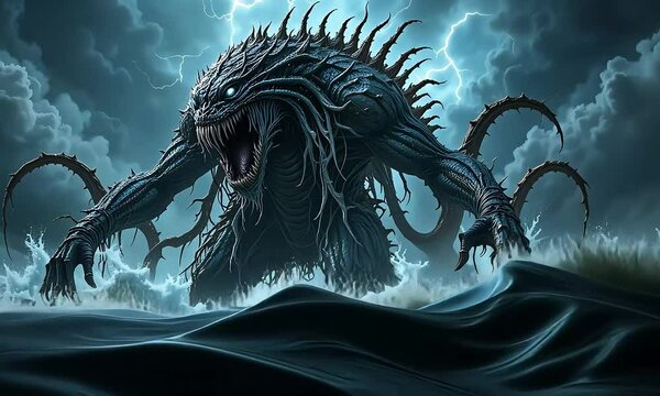 Colossal Monstrous Creature Rising Amid Stormy Waves with Writhing Tentacles