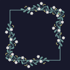 Square Frame Or Wreath With Green Leaves And Yellow White Flowers