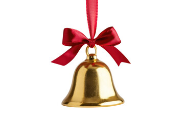 Golden bell ornament with red ribbon ready for holiday decoration