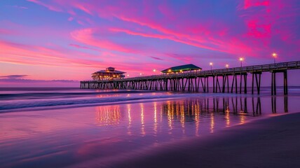 A stunning sunset reflects on the calm ocean, highlighting a wooden pier under vibrant pink and purple skies.