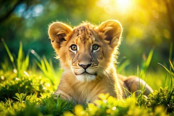 Adorable lion cub and majestic lion playfully interact in a stunning wildlife photograph.