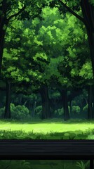 Serene Woodland Forest Park Bench Background  Anime Style Illustration