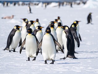 Group of penguins walking in snowy landscape in antarctica scenery
