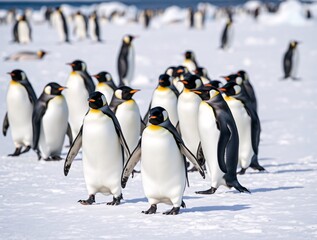 Obraz premium Group of penguins walking in snowy landscape in antarctica scenery