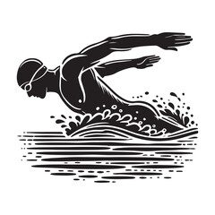 Swimming Silhouette Vector Illustration, Solid White Background.