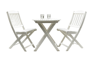 Outdoor white bistro table and chairs set with glasses of water ready for a relaxing afternoon