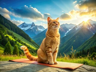 Obraz premium Adorable red kitten strikes a yoga pose on a scenic landscape mat, a funny animal photo.