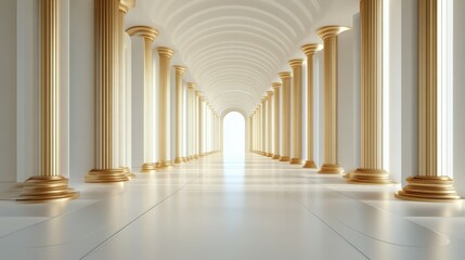A long, narrow hallway with gold pillars and white walls